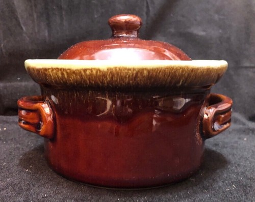 Crock pottery bowl - lid, brown