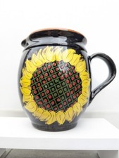 Vintage European Studio Art Pottery Sunflower Flower Water Jug Stoneware Folk