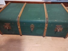 Large Vintage Green Steamer Trunk Bent Wood with Cunard Tag 1920s 30s