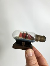 Vintage Ship In A Bottle / Mini Galleon Ship In Glass Light Bulb With Stand / 3”