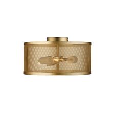 3 Lights Matt Gold Finish Ceiling Flush Fitting Light with Mesh Cage Drum Shade