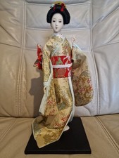 VTG Japanese Hand Painted Geisha Doll in Ornate Silk  Kimono  On Stand