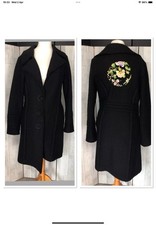 Avoca Anthology Black Wool Coat, Floral Back, Pockets Sz2 Uk10 H/G