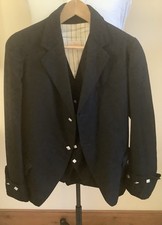 Vintage Mens Scottish Kilt Jacket & Waistcoat, Black Wool, Chest 38 Inches