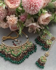 Pakistani Indian Ethnic Meenkari Wedding Necklace Set In Gold and Green Beads UK