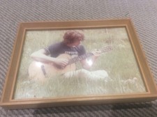 Vintage 1970s Wooden Framed Photograph Boy Playing Guitar in Grass Field 7.5inch