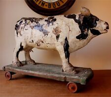 Antique Wooden Folk Art Cow Trolley. Rustic French Butchers Shop Display Piece