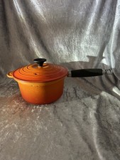 Vintage Le Creuset Volcanic Orange Lidded Pan Wooden Handle Size 18