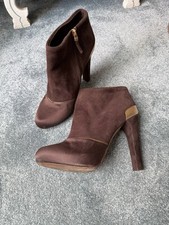Fendi Ankle Boots 37 4 Heels Brown Suede Satin Platforms Gold