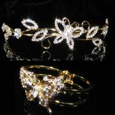 Bridal Prom made with Clear Swarovski Crystal Gold Tiara w Bracelet  0069gs