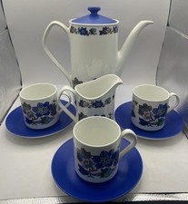 c1960’s 70s Johnson Brothers Coffee Pot Cups Saucers & Milk Jug Blue Flowers Set