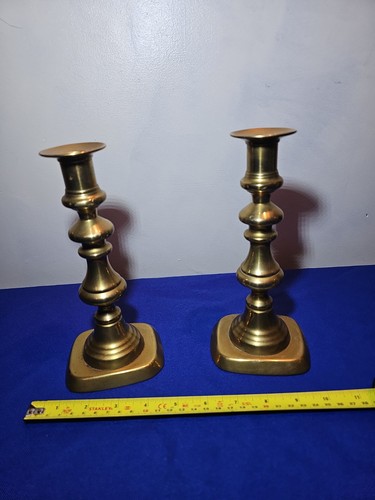 Pair antique brass candle - of,