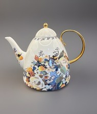 Anthropologie Botanica Teapot Floral Stoneware Gold Handle
