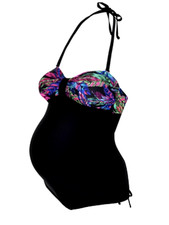 BNWT Ladies Black with Tropical Print Padded Cup Bandeau Maternity Swimsuit 14