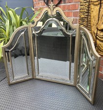 Shabby Chic Gold Panelled Dressing Table Triple Mirror With Antique Glass