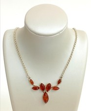 925 Sterling Silver Marquise-Cut Amber Stone Floral 39cm Necklace 6.26g