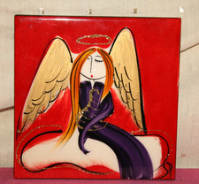 SHARON PETERKIN, HAND PAINTED TERRACOTTA WALL HANGING TILE / PLAQUE, ANGEL, XMAS