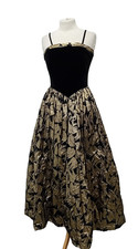 YOUNGS UK 12 Long Black Velvet and Gold Patterned Strappy Ball Gown Dress