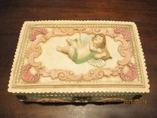 VINTAGE HAND PAINTED WINGED CHERUB ANGEL JEWELRY TRINKET BOX WITH MIRROR