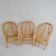 Mini Wicker Chairs Doll Plant Stand Display, Split Cane Straw Boho Chairs x3