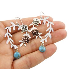 Mixed Metal Copper and 925 Sterling Silver Rose and Vine Drop Earrings