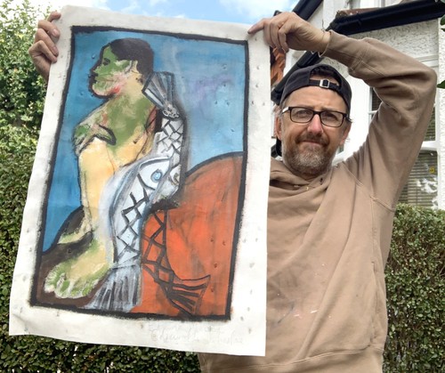 Man and fish - oil, painting
