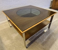 Retro Coffee Table 1970s Rare. Mid Century Teak Smoked Glass & Aluminium. VGC
