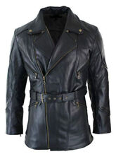 Mens Black 3/4 Motorcycle Biker Long Cow-Hide Leather Jacket/Coat