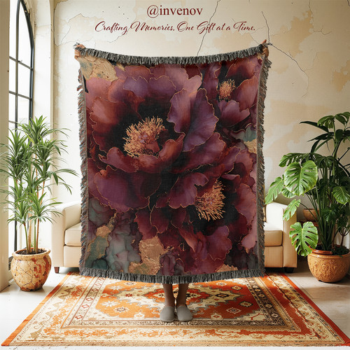 Dark floral woven blanket - floral,
