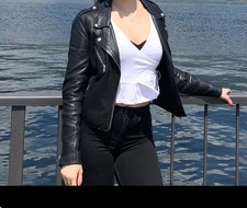 Zara Genuine Black Leather Biker Jacket with Ribbed Sides - Size Large