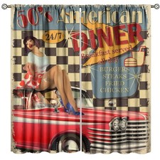 Retro Car Blackout Curtains,Rustic Vintage Cars Route 66 Kitchen Restaurant B...