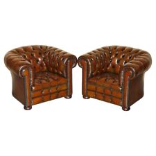 PAIR OF VINTAGE ART DECO RESTORED BROWN LEATHER CHESTERFIELD TUFTED ARMCHAIRS