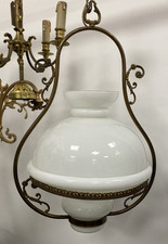 French Opaline & Brass Hanging Oil Lamp Antique Chandelier H75cm W35cm