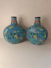 Pair of French Longwy-Style Ceramic Moonflask Vases, c.1900–1920 – Hand-Painted