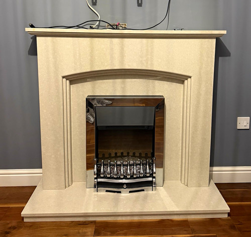 Beige stone fireplace - stone,