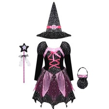 Girls Kids Halloween Witches Hat Fancy Dress Costume Witch Outfit Cosplay Party