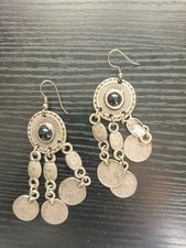 Chandelier Silver Tone Hoop Earrings 9.5cm Boho Gypsy Coin Drop