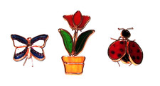 Butterfly, ladybird and flower. Set of 3 stained glass style plant pot hangers.