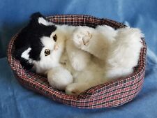 Realistic Black White Cat Kitten Gift in Basket Synthetic Fur With Miaow Sounds 