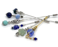 6  x HAT PINS LAPEL PINS/SHAWL HIJAB PINS Blue & Green Pearl-Agate-Glass