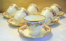 6x Ashley 22KT Bone China Cups & Saucers Duo  White Gilt Pink Flowers