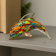 Handcrafted Glass Dolphin Ornament Murano Style Multicolour Figurine 10x15cm Art