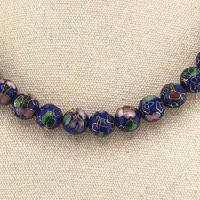 Cloisonne Bead Necklace Blue Floral & Pink Enamel Beads Collar Christmas Retro