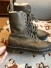 Doc Martens 1490 Fl Khaki Olive Green Leather 10 Hole Boots Fur Lined Uk3/36 VGC
