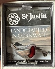 Brooch By St Justin  Pewter  Enamelled  Robin on Branch