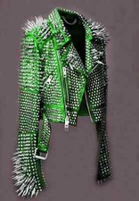 Men's Punk Green Heavy Full Long Spiked Studded Rock Motorcycle Leather Jacket
