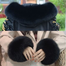 Women Real Fox Fur Cuffs Collar Sets For Hooded Coat Jacket Parka's Cap Black