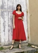 NEW Zara Midi Dress With Puff  Sleeve And Button Down, Red, Size Medium