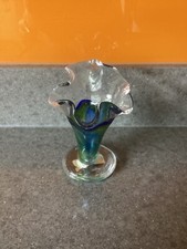 Blue / Green Glass Trumpet shaped small Vase by Adrian Sankey Glass 13 cms high