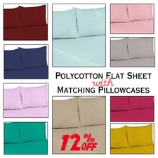 Plain Dyed Flat Sheets with Matching Pillowcases 100%Polycotton Sheets All Sizes